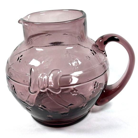 VTG Crownford Giftware 1988 Amethyst Rose Pink Art Glass Pitcher Bow Flowers - Picture 1 of 10